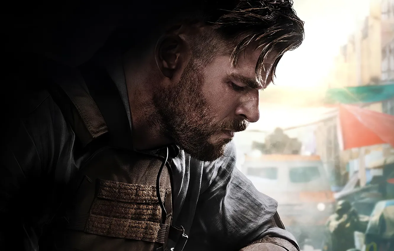 Photo wallpaper street, profile, poster, Chris Hemsworth, Chris Hemsworth, extraction, Tyler Rake: Rescue Operation, Tyler Rake
