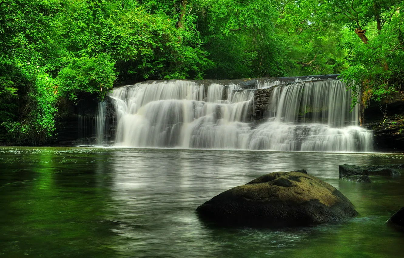 Photo wallpaper greens, summer, river, stones, shore, foliage, waterfall, cascade