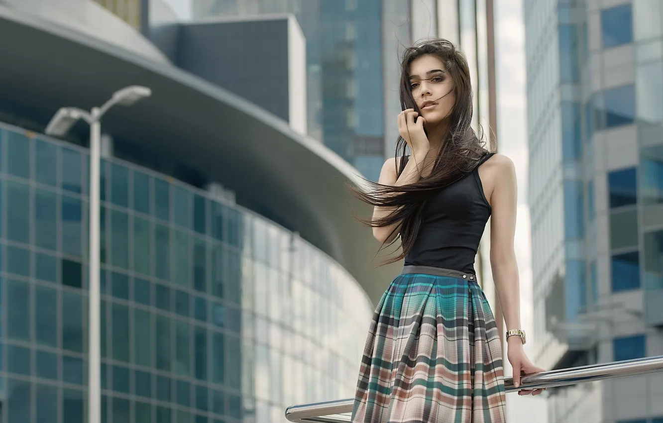 Photo wallpaper long hair, model, women, brunette, portrait, standing, plaid skirt, looking at viewer