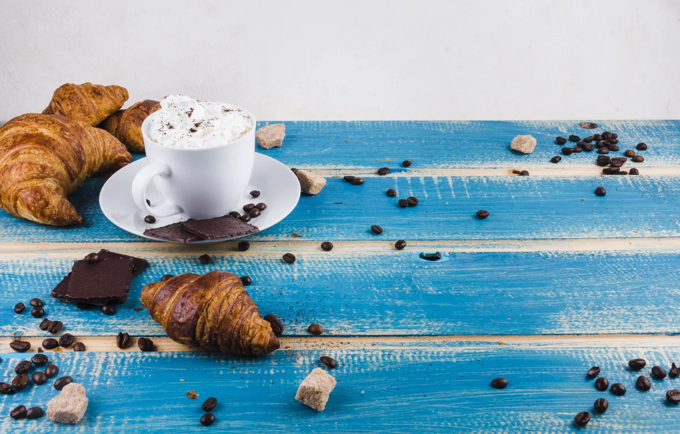Photo wallpaper coffee, chocolate, Breakfast, wood, coffee beans, croissants, whipped cream
