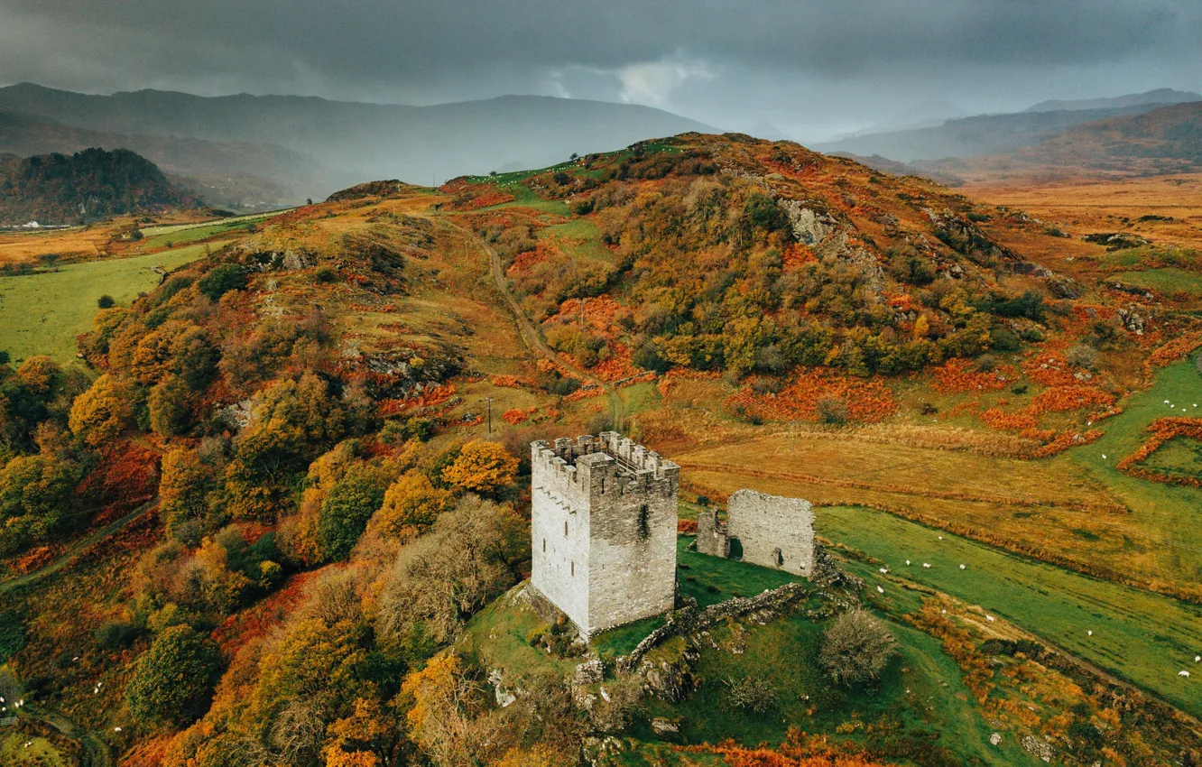 Photo wallpaper autumn, mountains, castle, hills, ruins