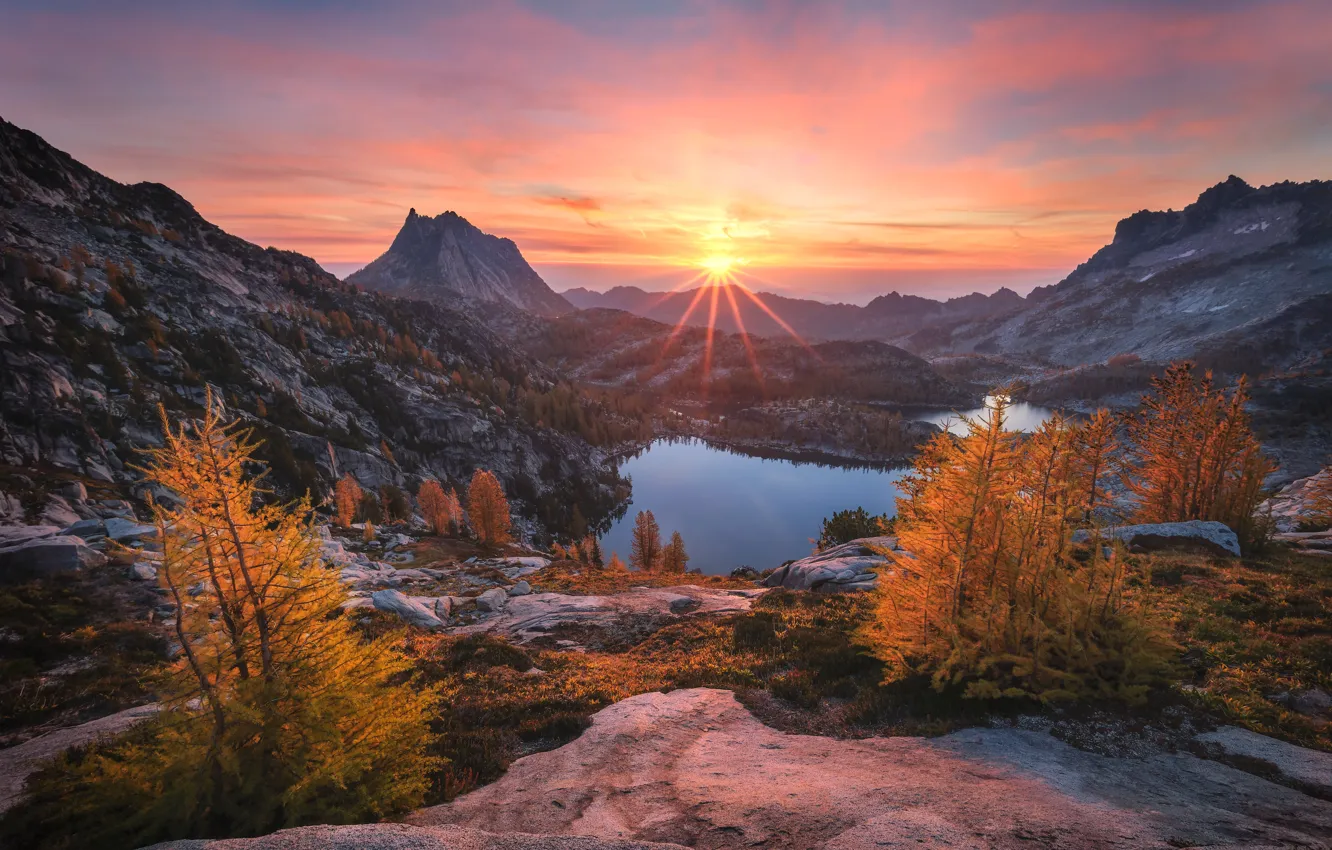 Photo wallpaper autumn, trees, mountains, lake, sunrise, dawn, morning, The cascade mountains