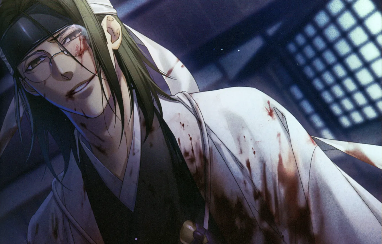 Photo wallpaper blood, samurai, vampire, madness, demons pale cherry, Hakuouki Shinsengumi Kitano, Keisuke Sanna, bandage on forehead