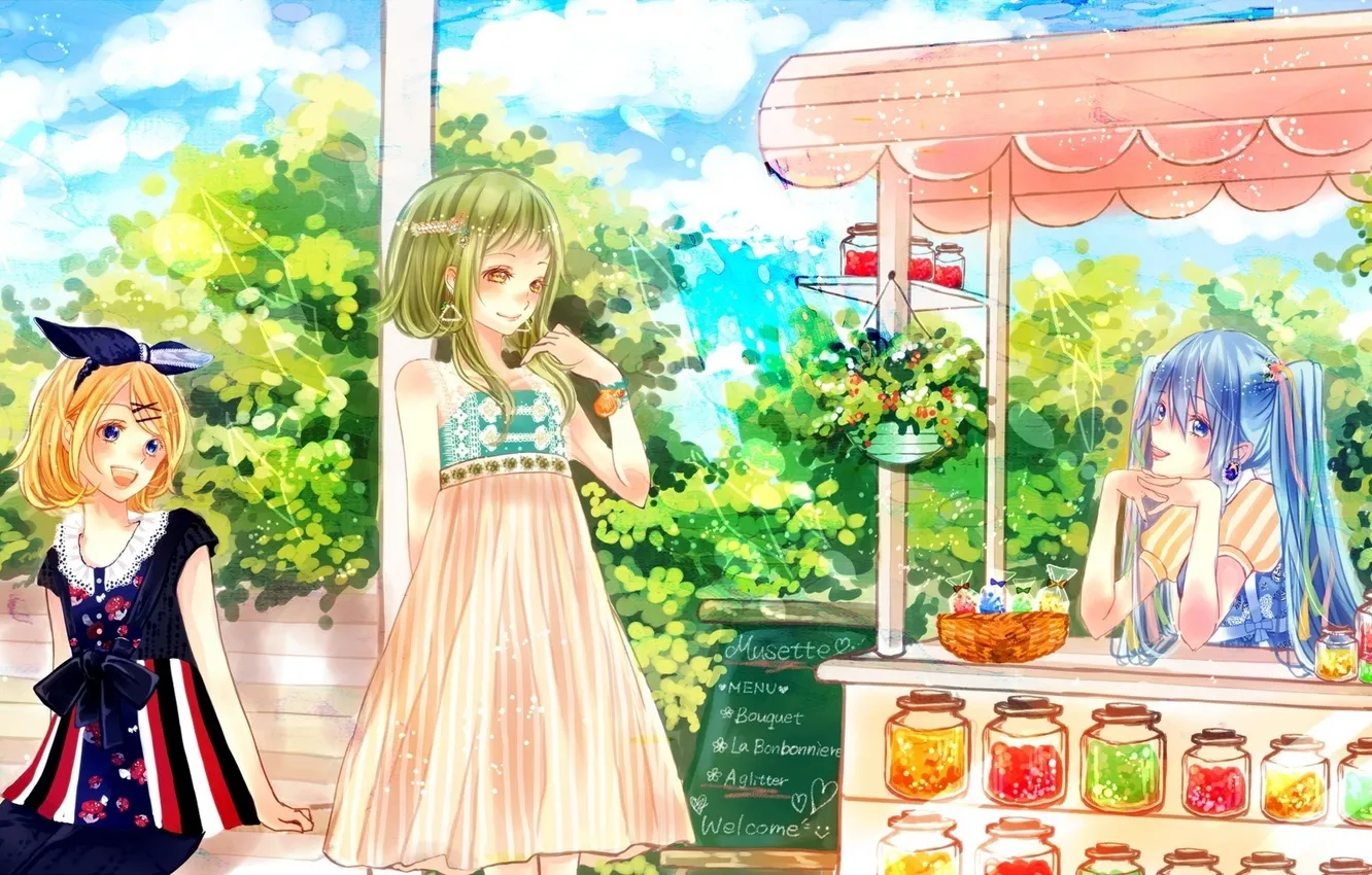 Photo wallpaper girl, joy, flowers, art, shop, vocaloid, hatsune miku, kagamine rin