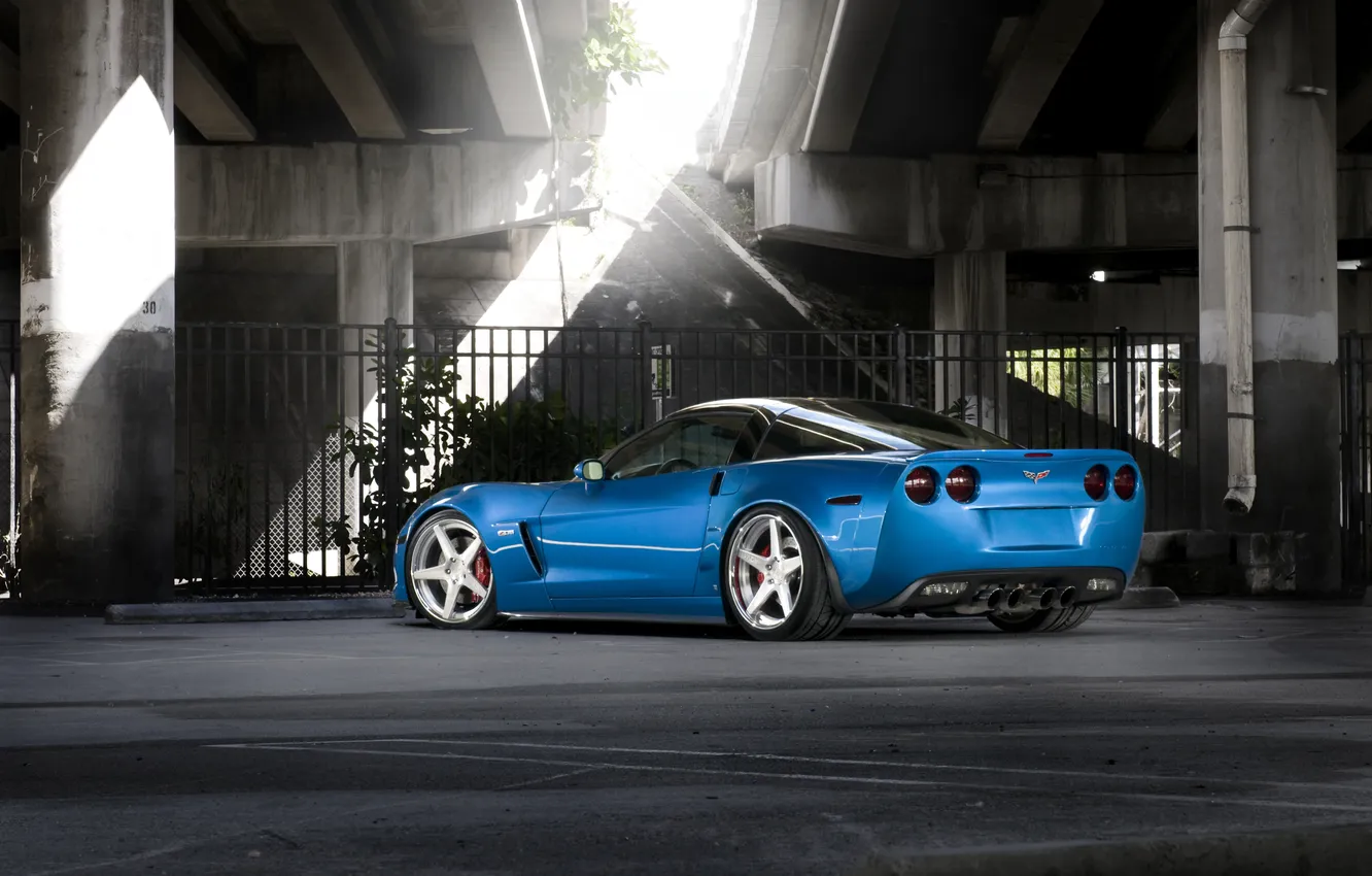 Photo wallpaper blue, bridge, Z06, Corvette, Chevrolet, Chevrolet, blue, Corvette