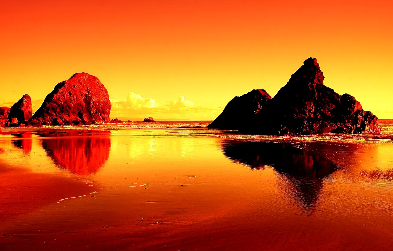 Photo wallpaper sea, the sky, sunset, stones, rocks, glow
