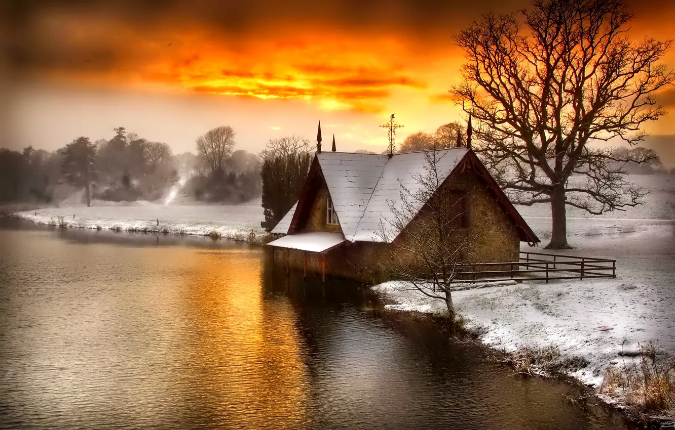 Photo wallpaper winter, snow, river, Church, glow