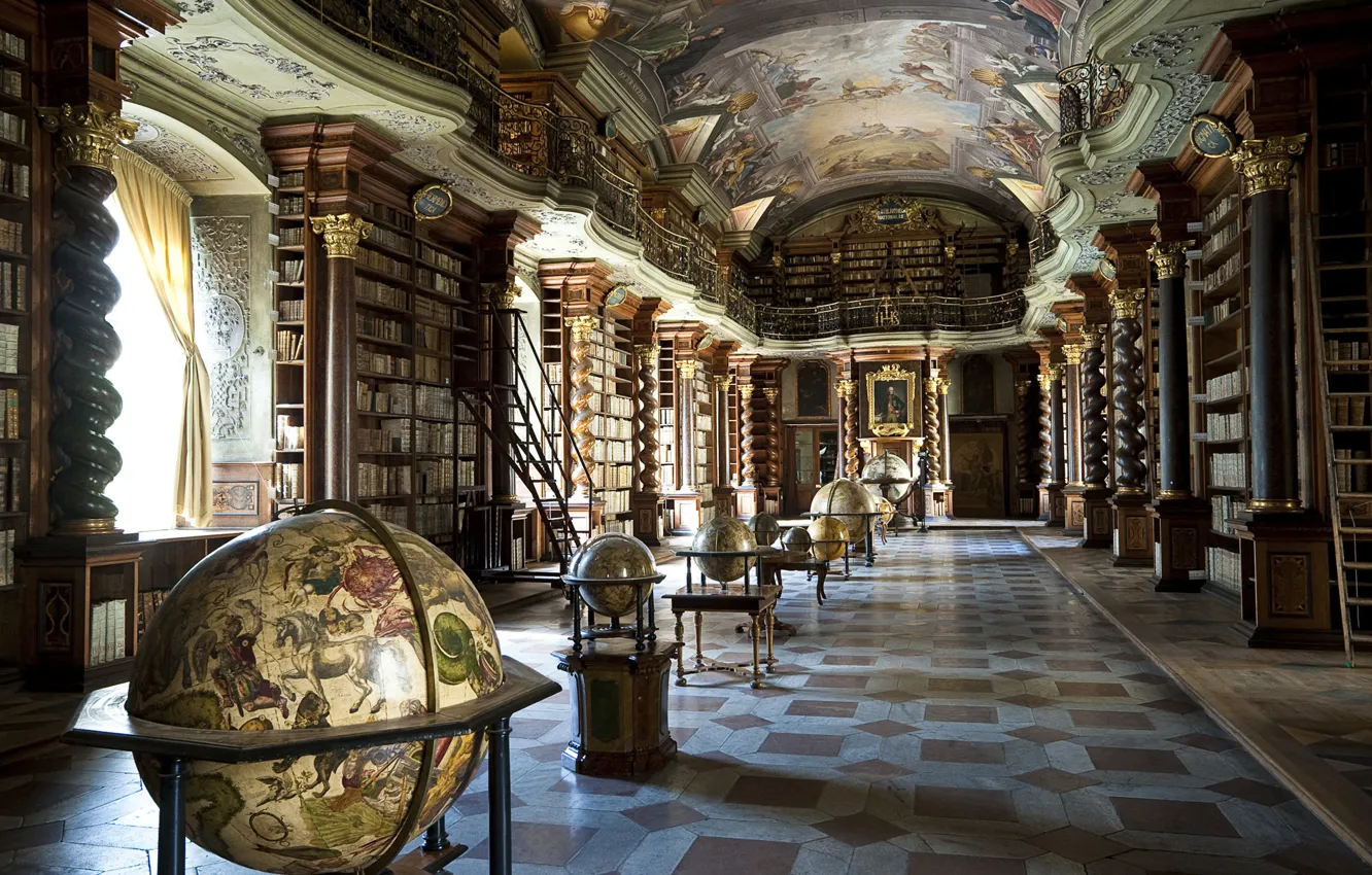 Photo wallpaper the ceiling, columns, book, library, globe, painting, modeling