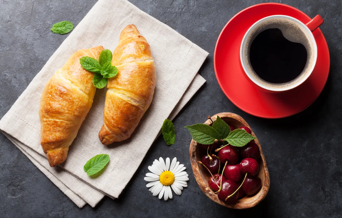 Photo wallpaper cup, coffee, croissant, a Cup of coffee, growing