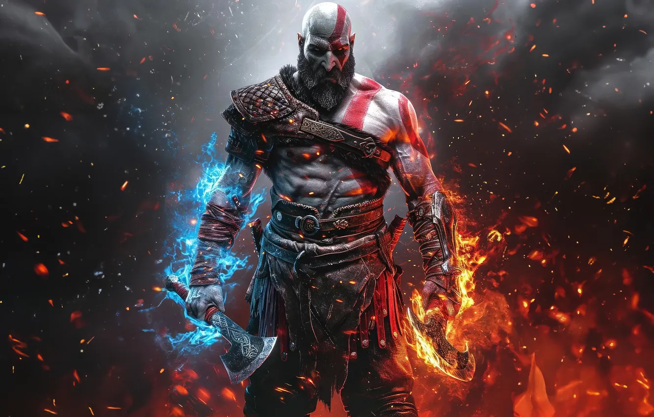 Photo wallpaper axe, fire, flame, god of war, weapon, kratos, sony, snow