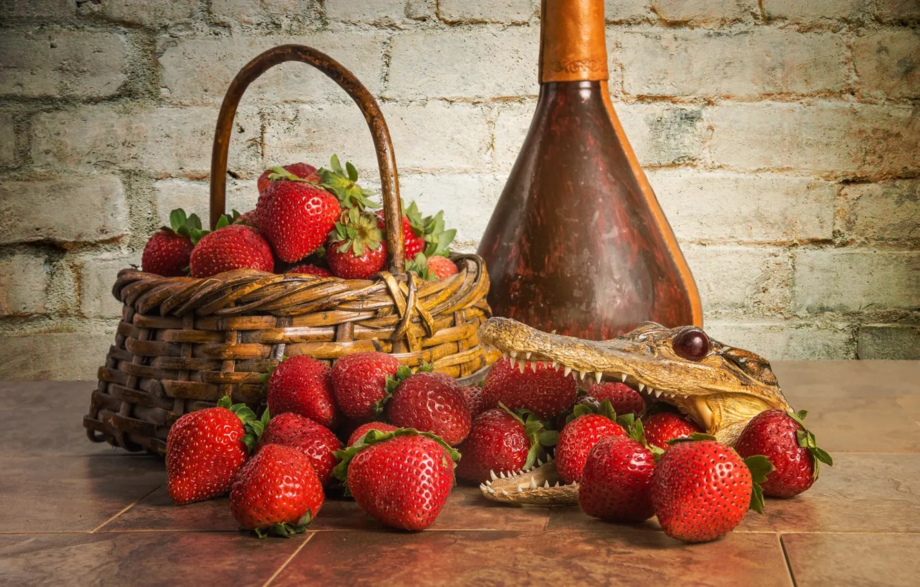 Photo wallpaper berries, bottle, crocodile, strawberry, basket