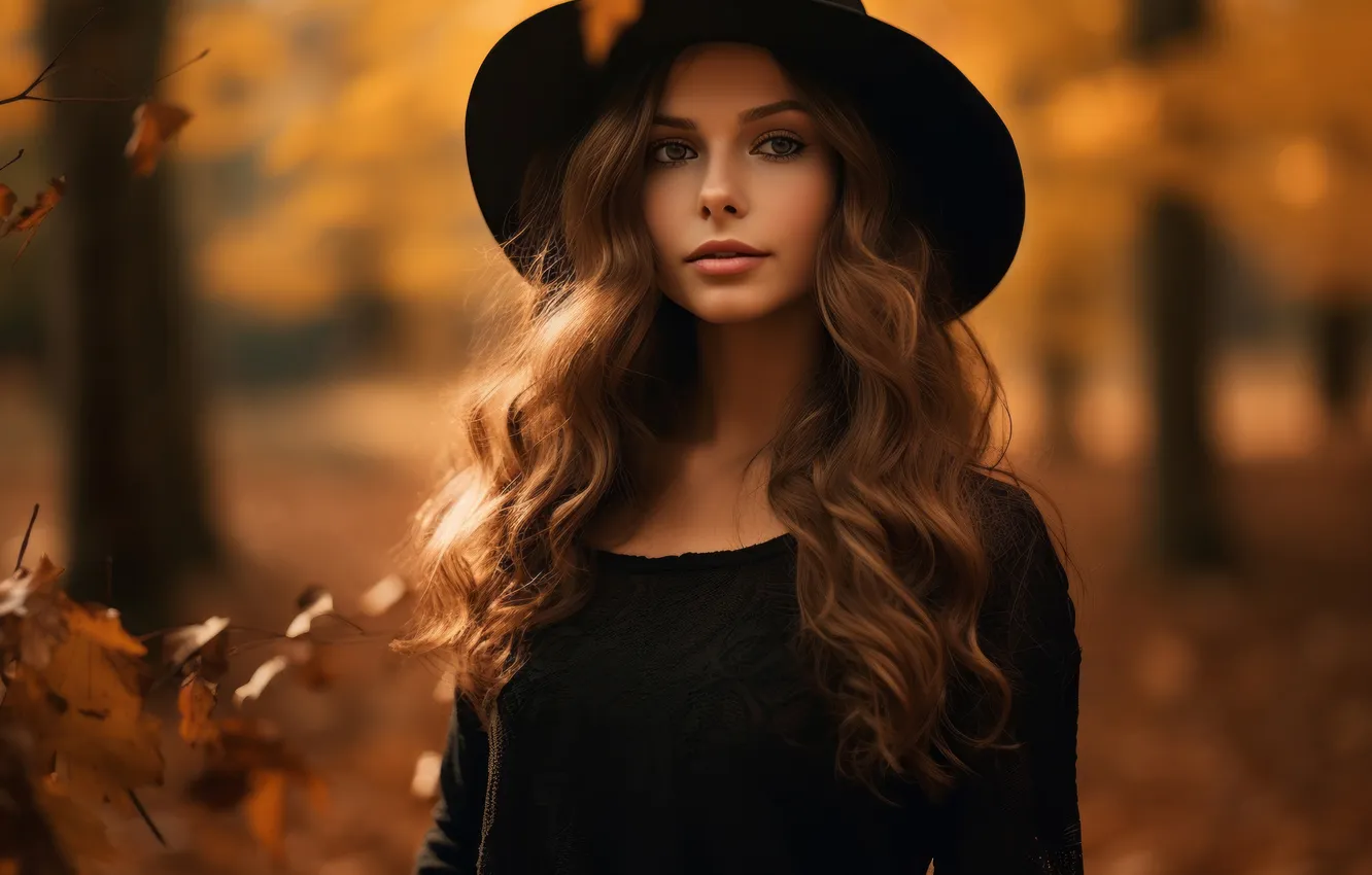 Photo wallpaper autumn, look, girl, nature, face, Park, foliage, portrait