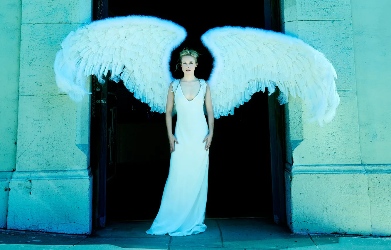 Photo wallpaper wings, angel, figure, dress, actress, hairstyle, blonde, in white