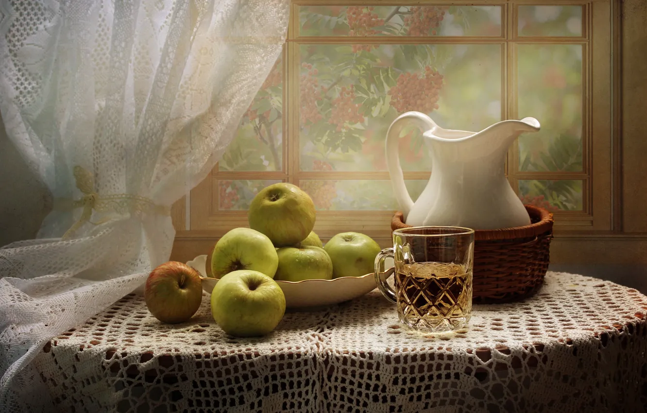 Photo wallpaper table, apples, window, juice, plate, mug, pitcher, still life