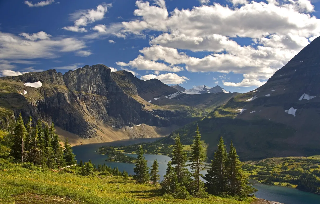 Photo wallpaper clouds, trees, mountains, river
