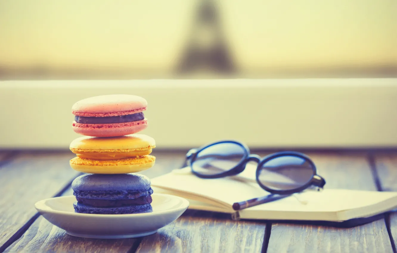Photo wallpaper glasses, Notepad, dessert, cakes, cakes, dessert, glasses, macaroon