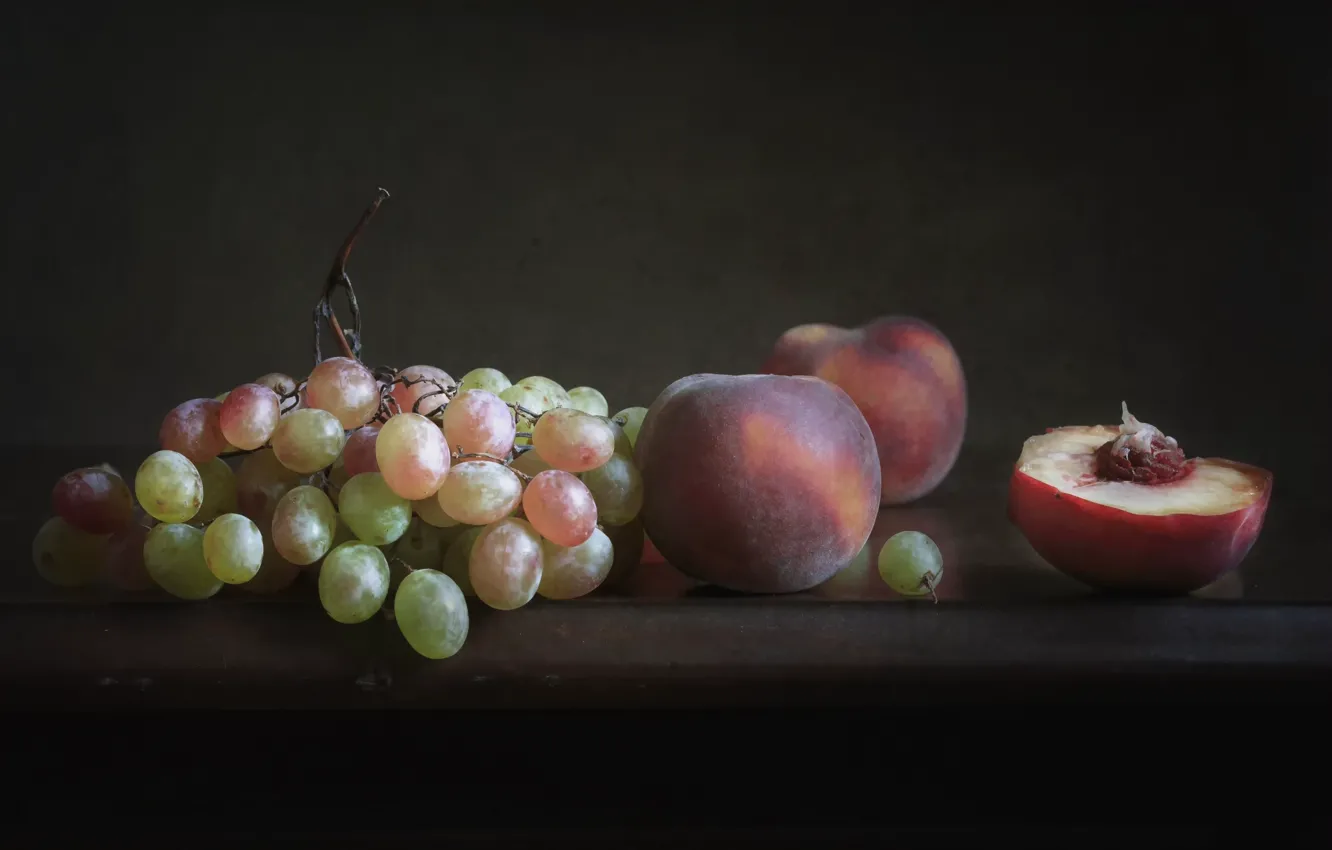 Photo wallpaper grapes, fruit, peaches