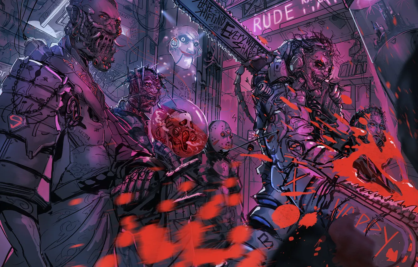 Photo wallpaper art, horror, Freddy, blue, art, characters, Neon, scream