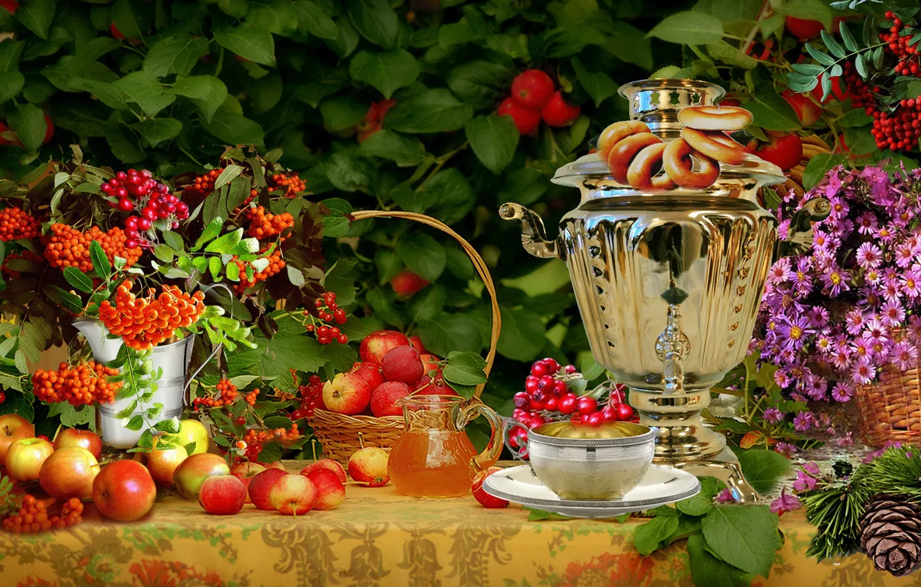 Photo wallpaper flowers, apples, still life, samovar, flowers, Rowan, still life, apples