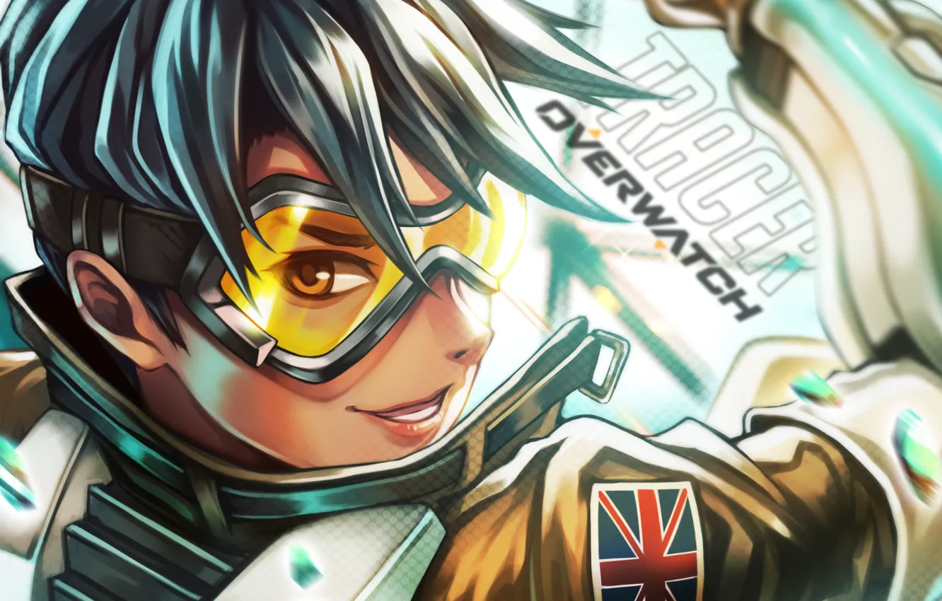 Photo wallpaper face, fiction, art, glasses, Overwatch, Tracer, Lena Oxton