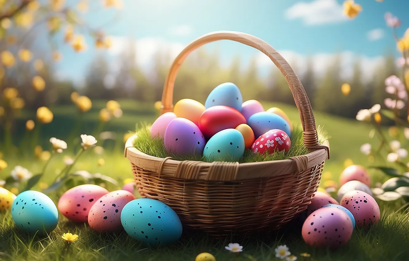 Photo wallpaper flowers, eggs, spring, colorful, Easter, flowers, spring, Easter