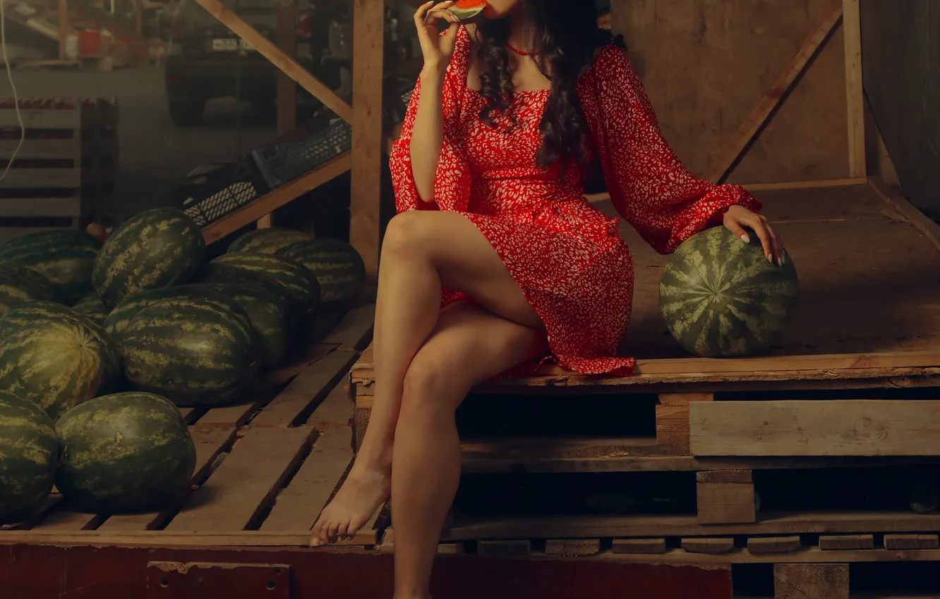 Photo wallpaper feet, model, watermelon, sitting, Vadim Aksenov