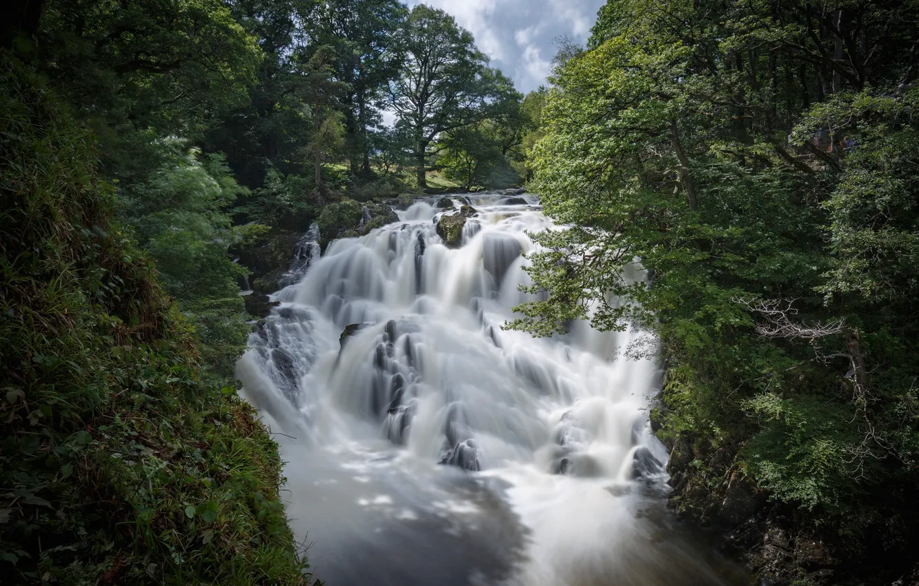 Photo wallpaper forest, river, England, waterfall, cascade, England, Wales, Wales
