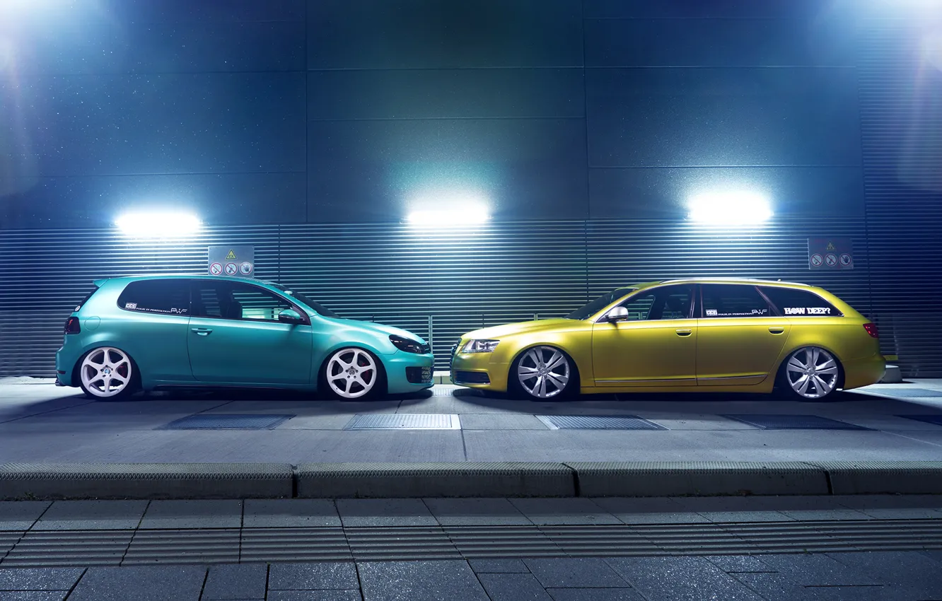 Photo wallpaper green, profile, low, stance, canibeat, Audi A6, stancenation, Volkswagen Golf 6 GTI