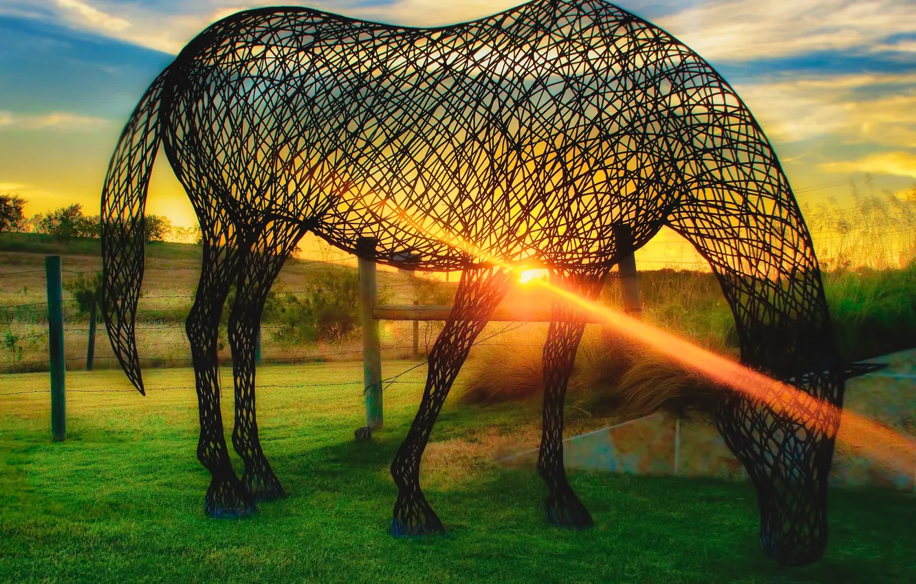 Photo wallpaper the sky, grass, sunset, horse, art, yard, sculpture