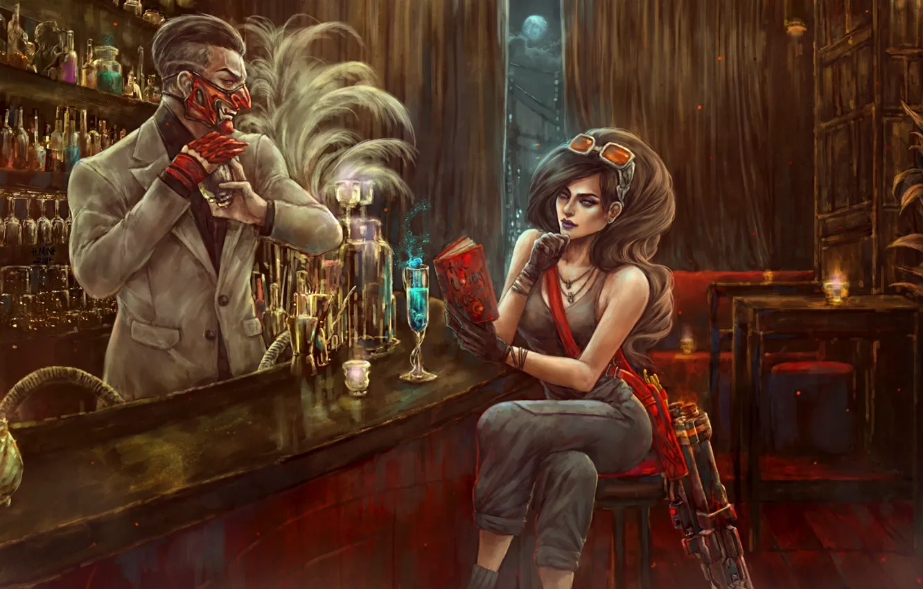 Photo wallpaper woman, bar, mask, male