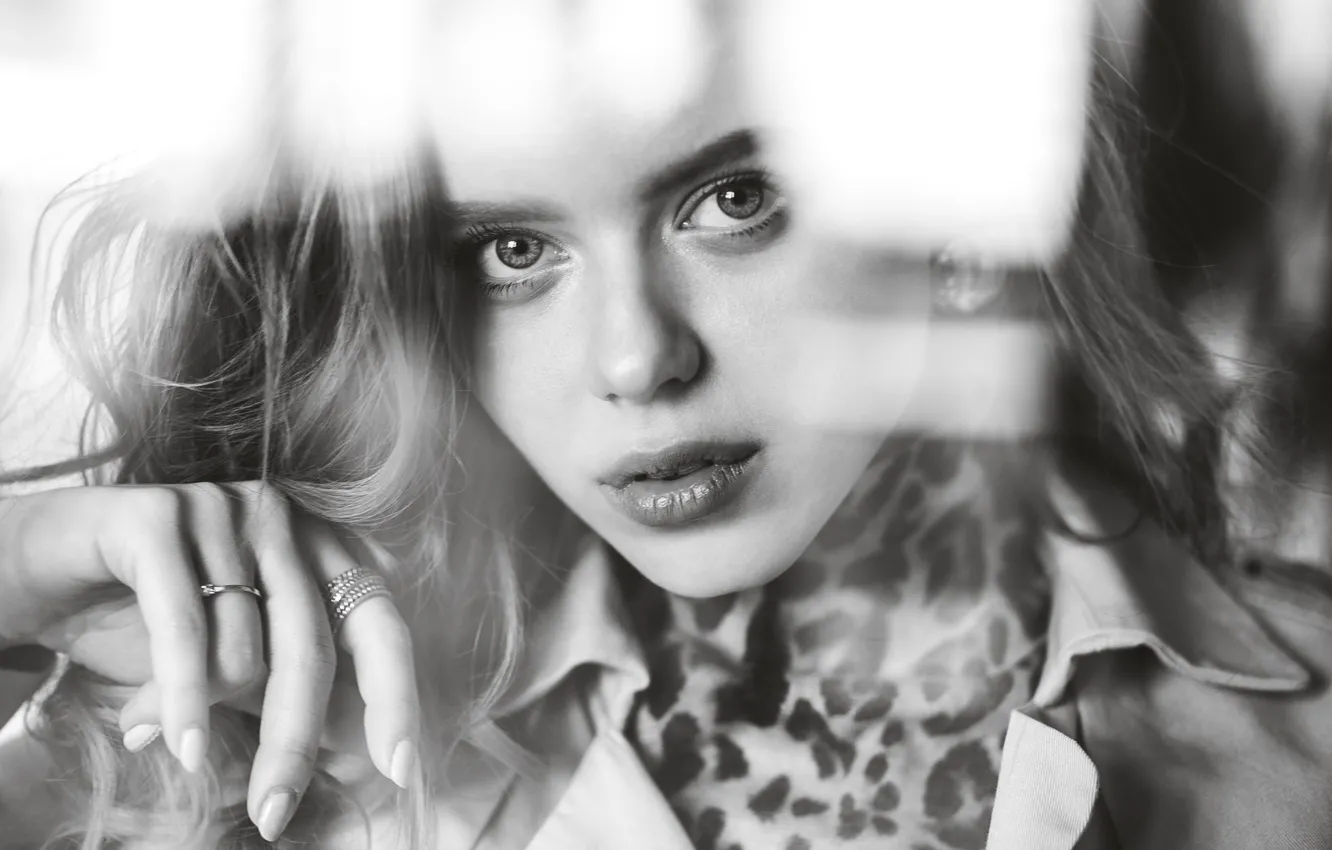 Photo wallpaper eyes, look, girl, photo, sweetheart, model, b/W, ring