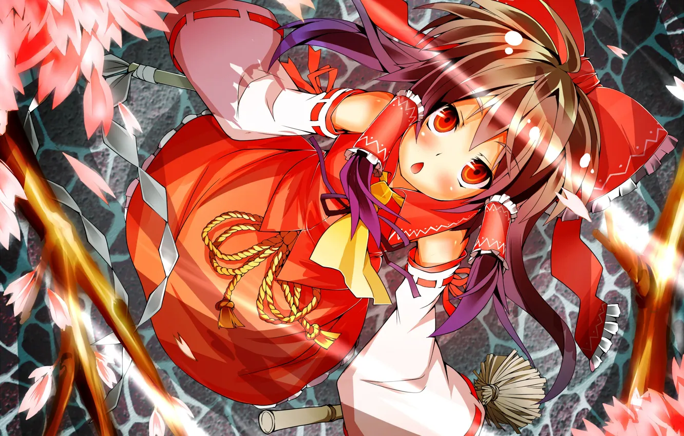 Photo wallpaper surprise, broom, bow, priestess, red eyes, looking up, cherry blossoms, Hakurei Reimu