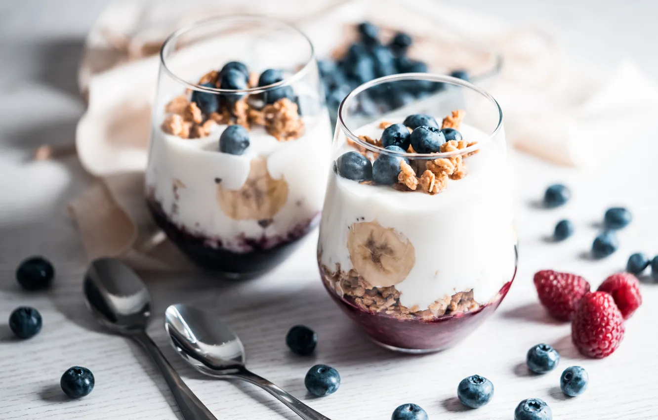 Photo wallpaper berries, raspberry, food, blueberries, muesli, yogurt