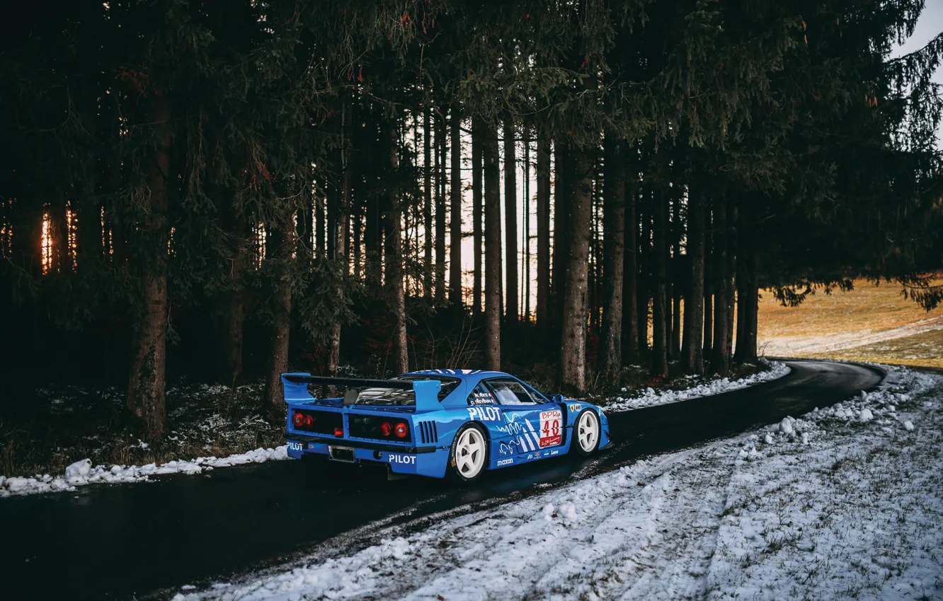 Photo wallpaper Road, Snow, Forest, Ferrari, Race, Ferrari, F40, Blue
