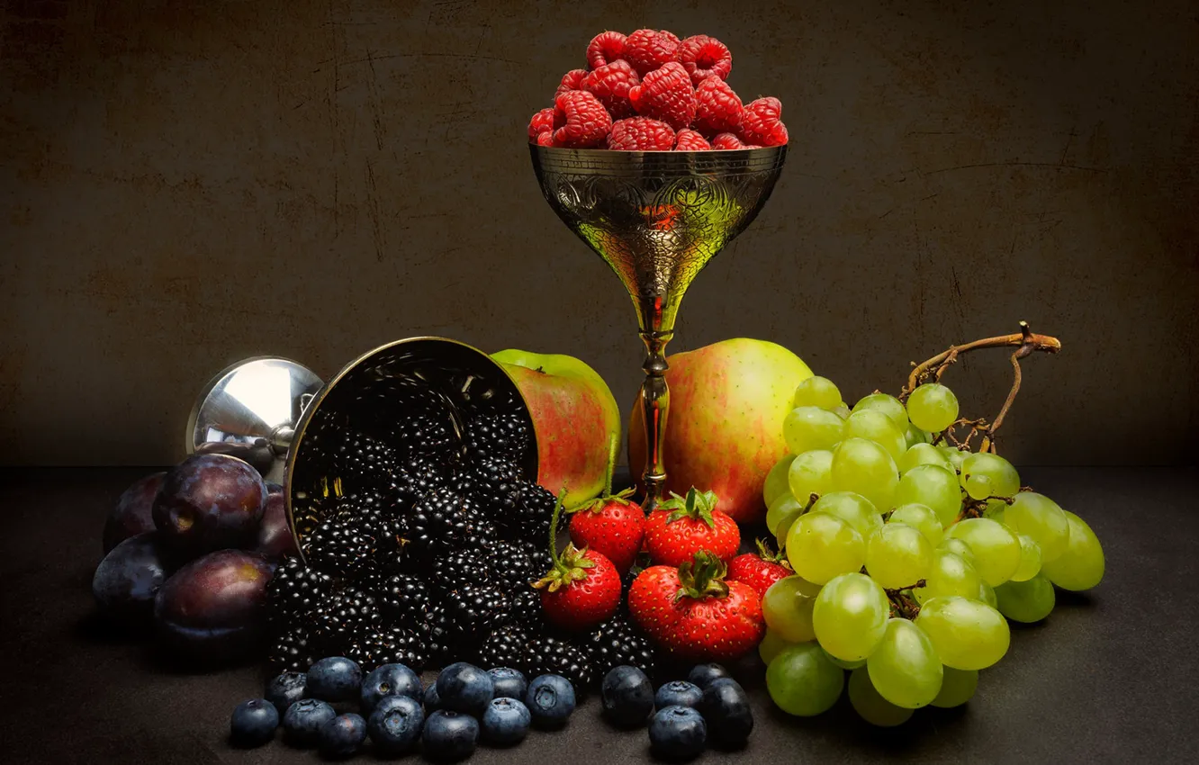 Photo wallpaper berries, raspberry, background, apples, strawberry, grapes, fruit, still life