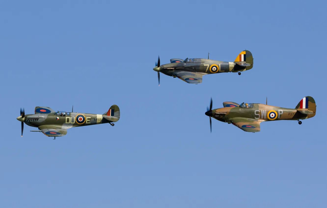 Photo wallpaper Fighter, Spitfire, Hawker Hurricane, Hurricane, Supermarine Spitfire, RAF, The Second World War