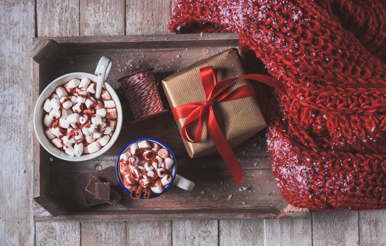 Photo wallpaper gift, chocolate, scarf, cocoa, cups, marshmallows, Valeria Maksakova