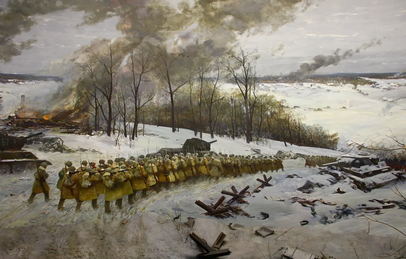 Photo wallpaper Winter, Snow, Aircraft, War, Picture, Moscow, Soldiers, Russian