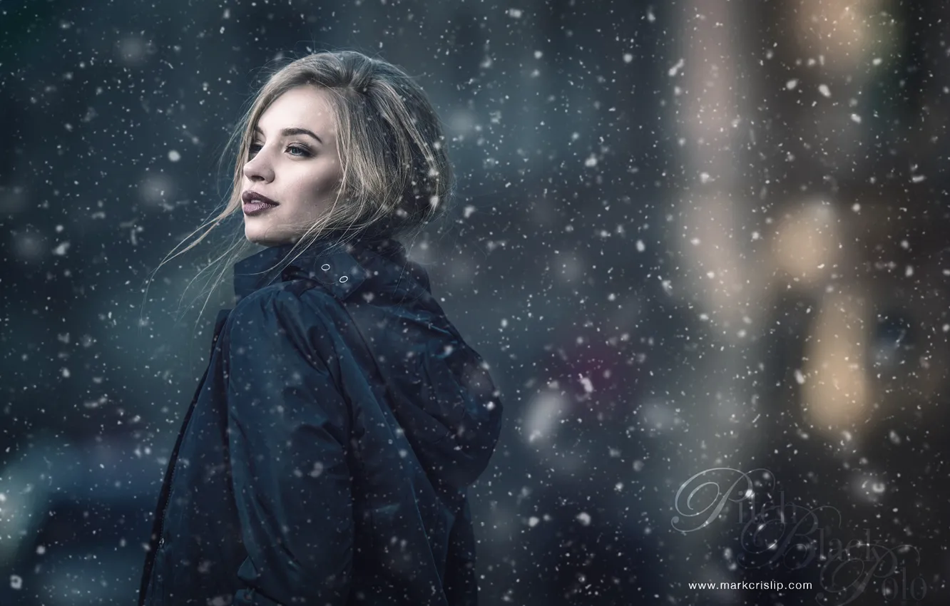 Photo wallpaper winter, snow, model, portrait, makeup, jacket, hairstyle, blonde