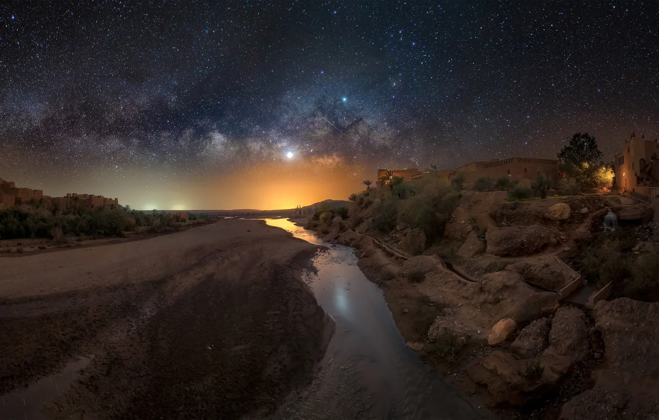 Photo wallpaper Night, River, The milky way, Beauty, Milky Way, Morocco, Morocco, Ait Benhaddou