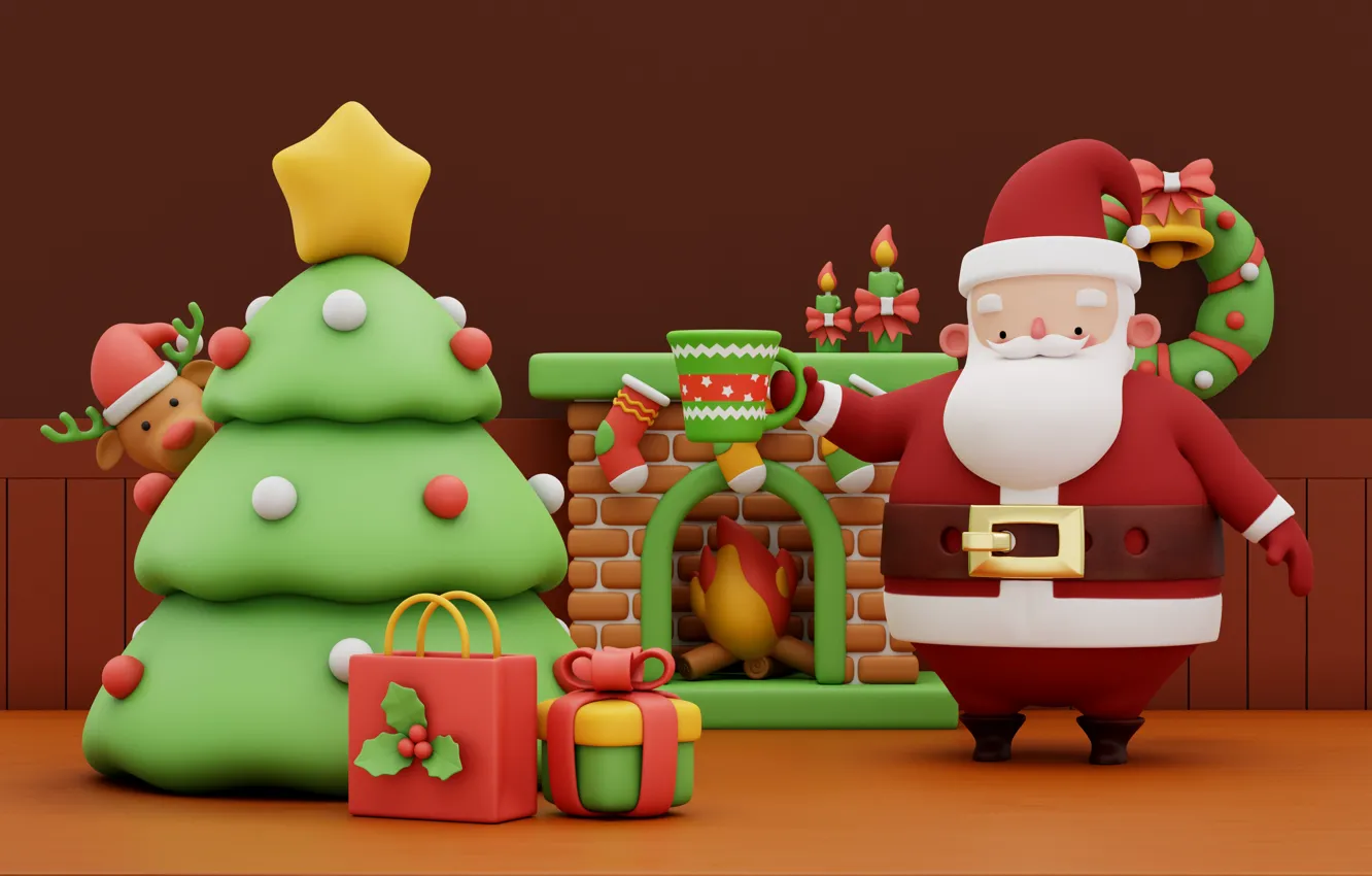 Photo wallpaper rendering, gift, toy, new year, deer, Christmas, mug, fireplace