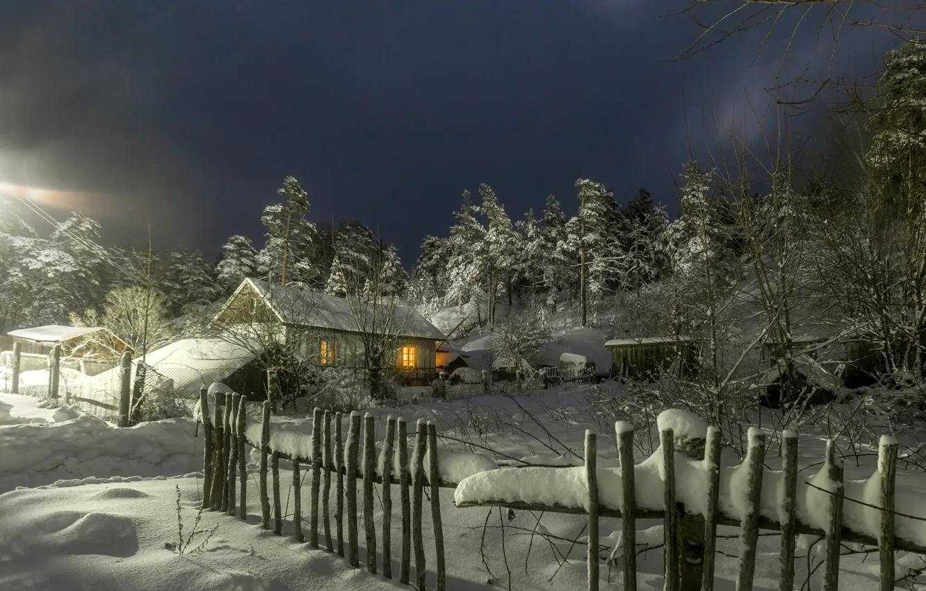 Photo wallpaper winter, snow, landscape, night, nature, house, the fence, village
