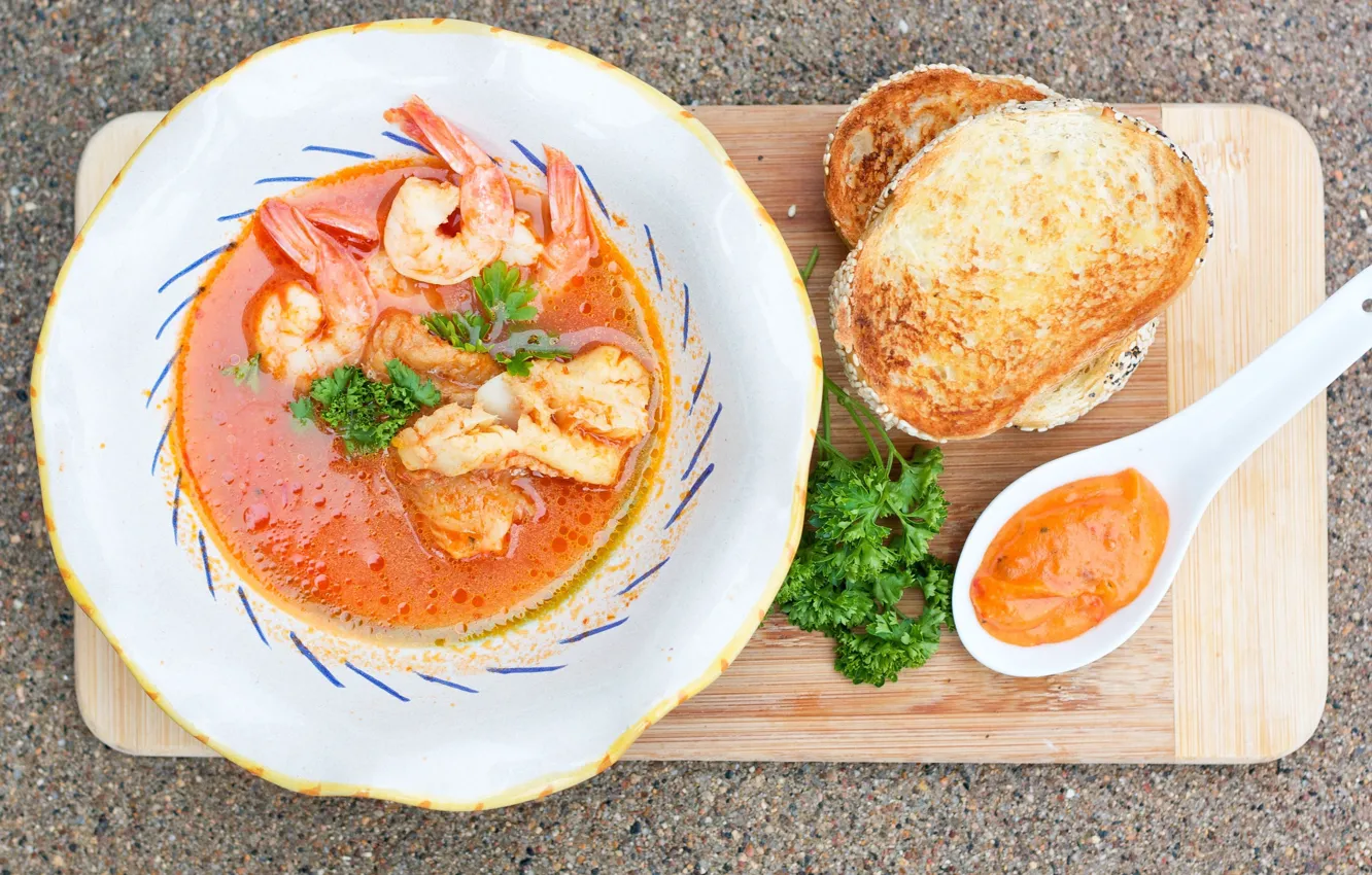 Photo wallpaper greens, shrimp, tomato sauce, seafood soup, croutons