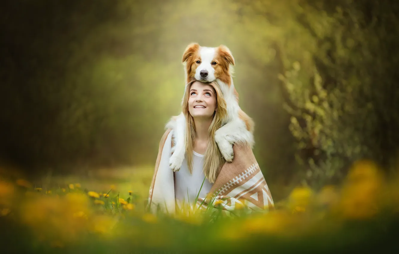 Photo wallpaper girl, smile, dog, red