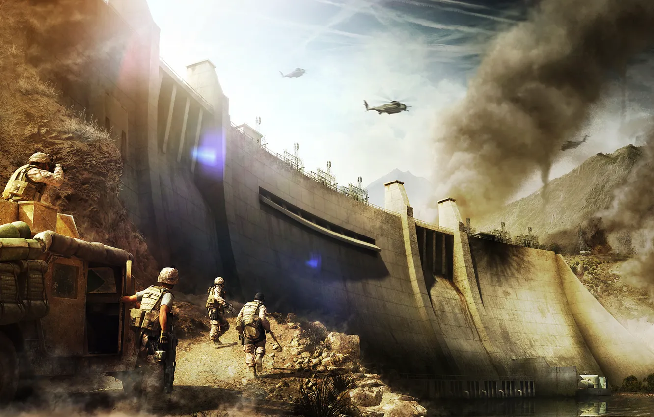 Photo wallpaper mountains, weapons, war, smoke, point, group, hammer, soldiers