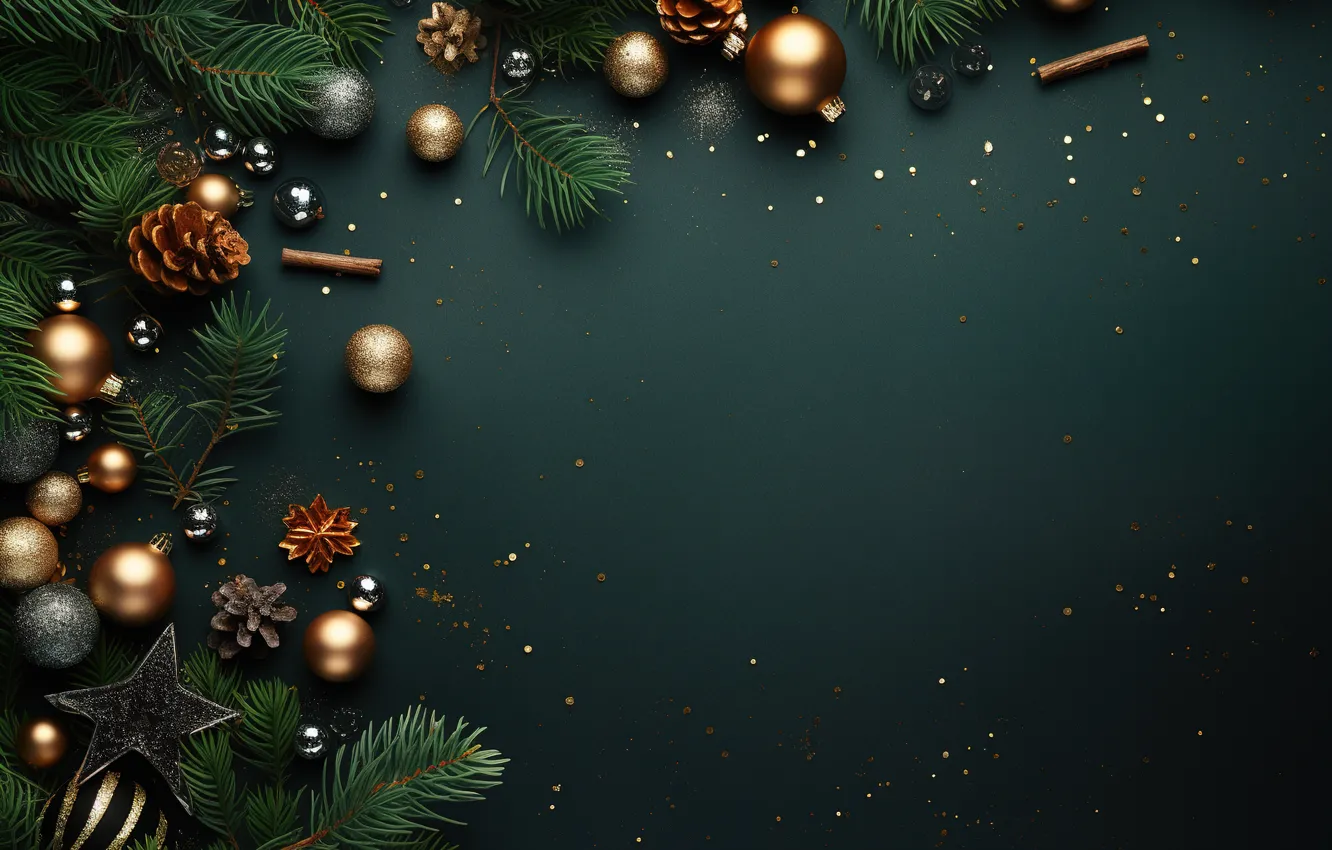 Photo wallpaper decoration, the dark background, balls, new year, Christmas, golden, Christmas, balls