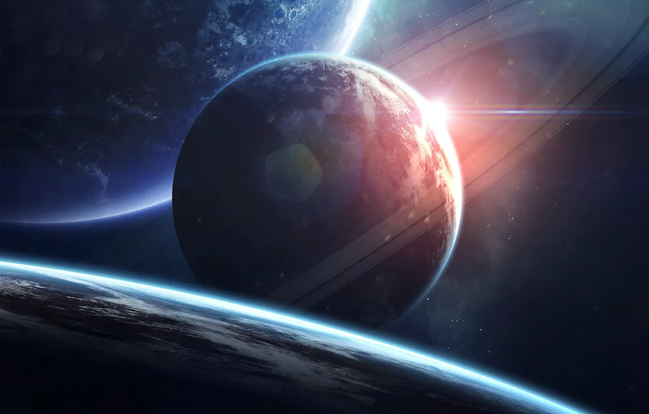 Photo wallpaper space, stars, glare, fiction, planet, satellite, ring, art