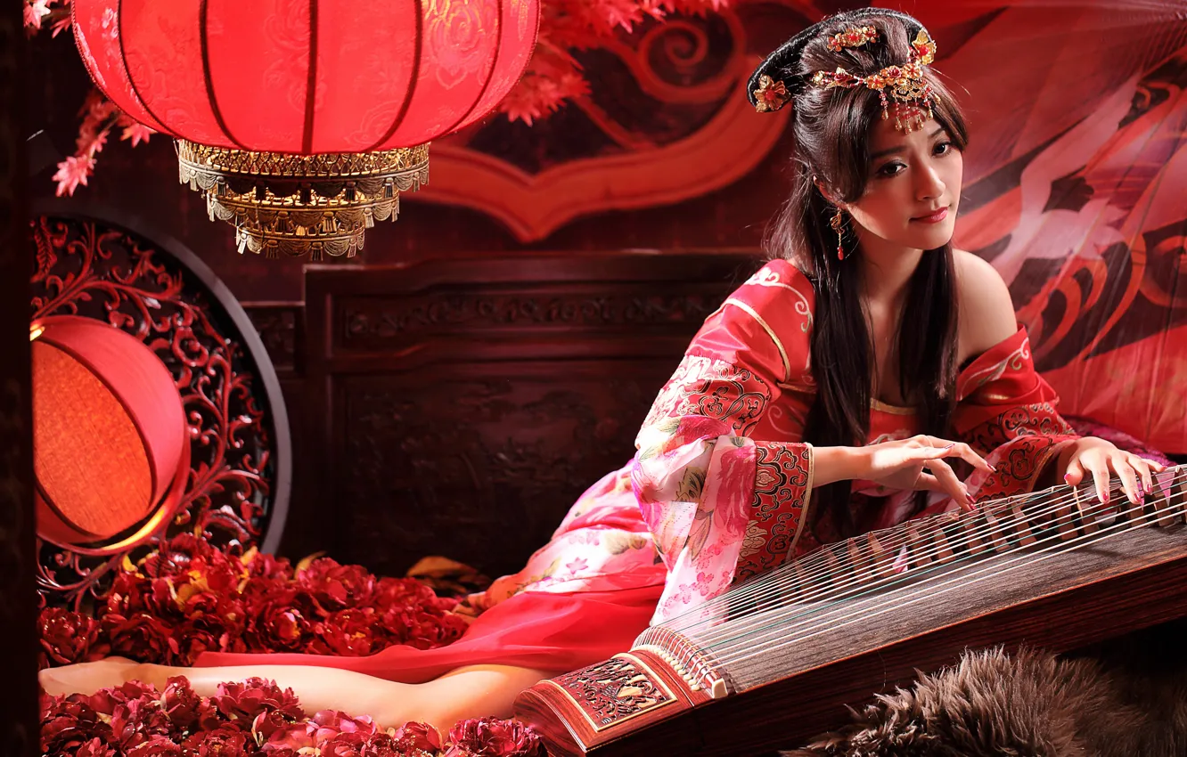 Photo wallpaper style, musical instrument, Oriental girl, string
