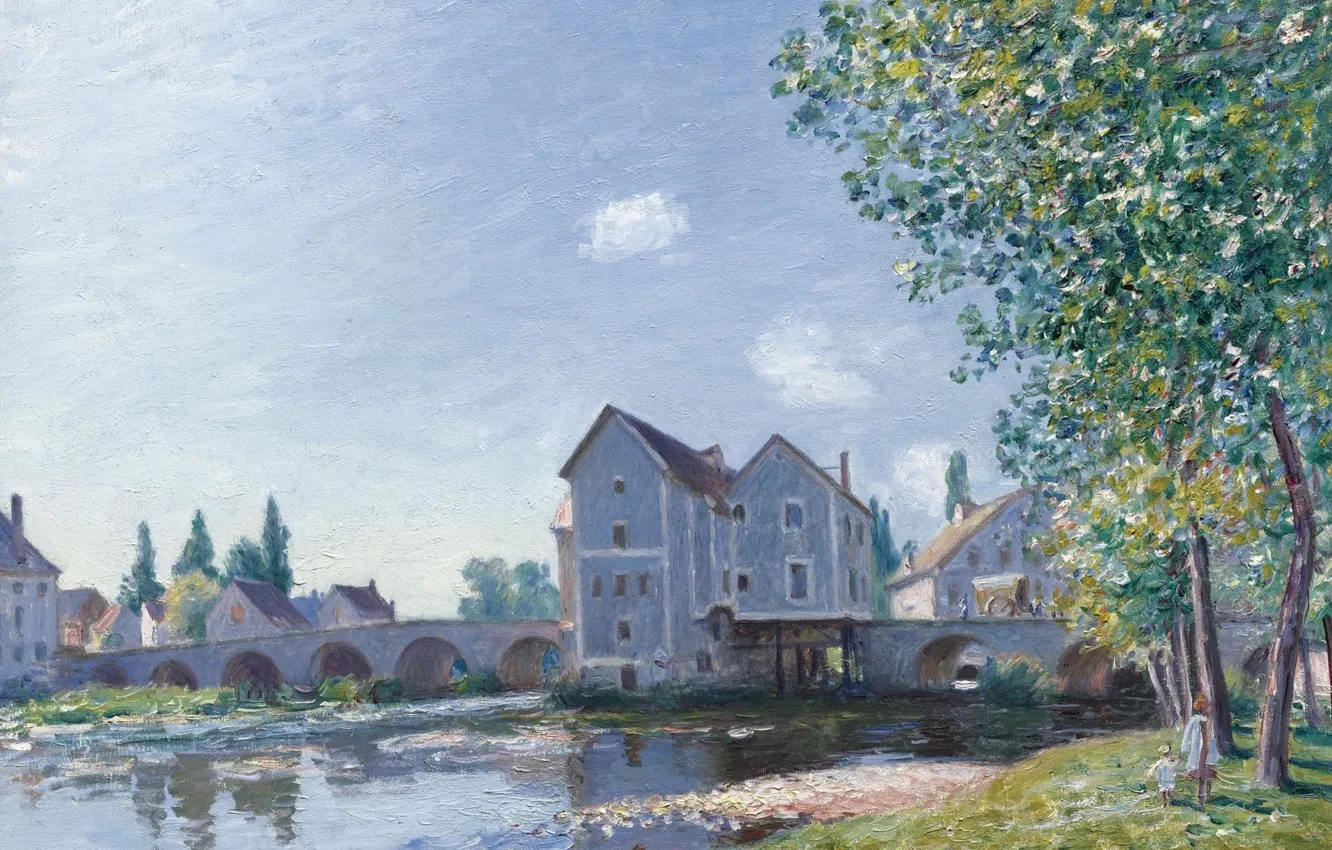 Photo wallpaper house, river, picture, Alfred Sisley, Alfred Sisley, The bridge at Moret-sur-Luena. Morning Effect