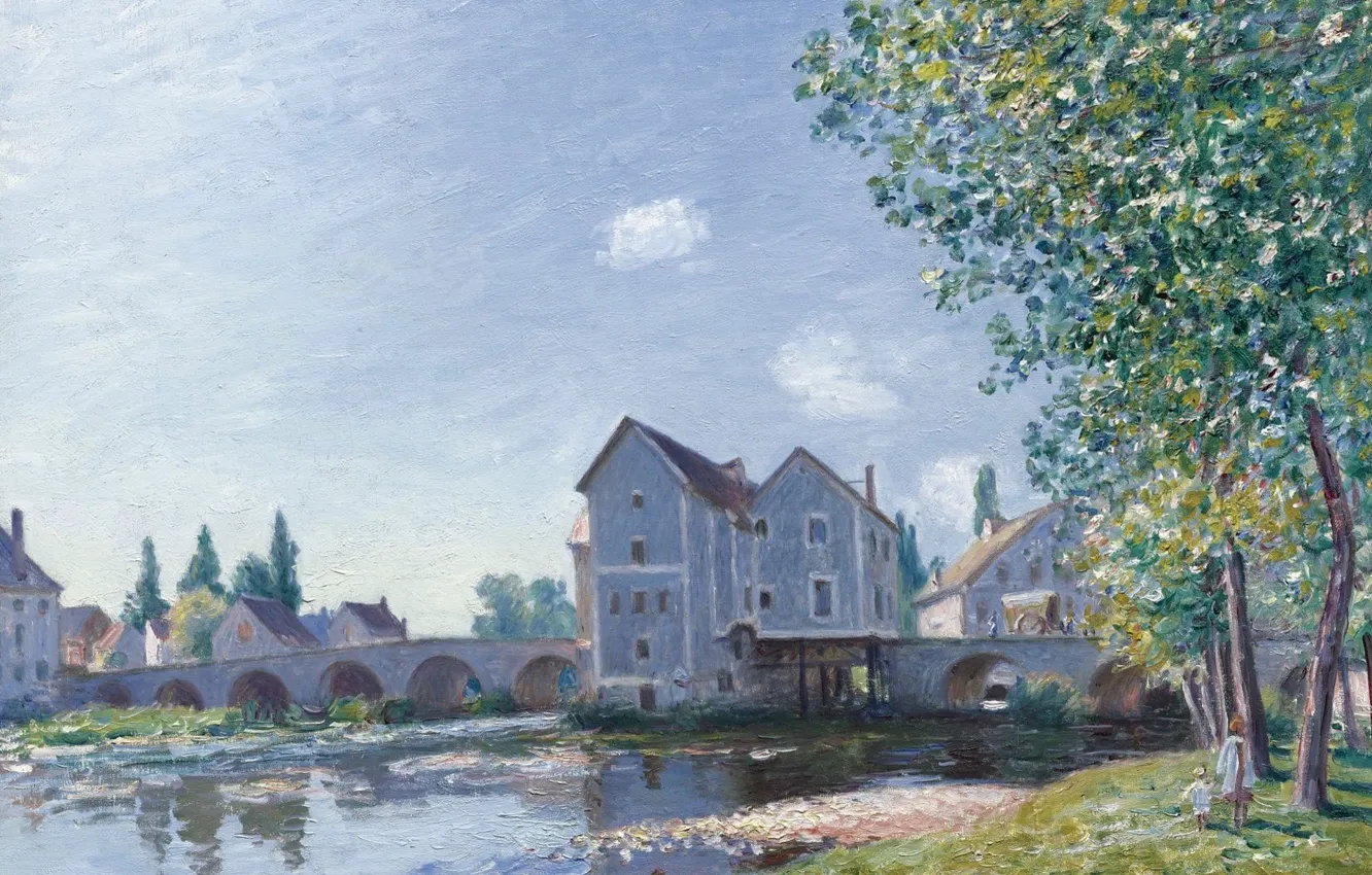 Photo wallpaper river, home, picture, Alfred Sisley, Alfred Sisley, The bridge at Moret-sur-Luena. Morning Effect